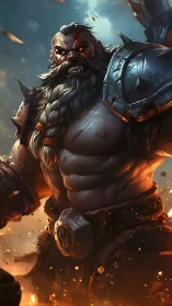 Armored bearded warrior figure amid fire and debris.