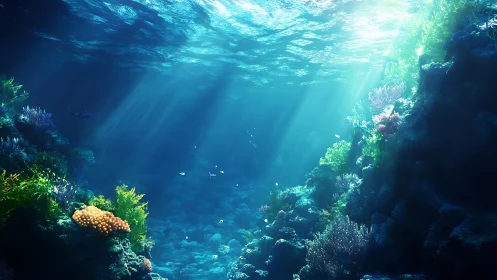 Subsurface caustics over illuminated coral reef topography.