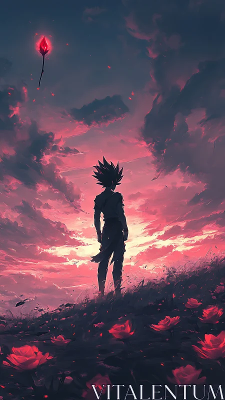 Silhouetted warrior on crimson hillside under luminous storm sky