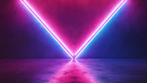 Neon V-shaped light lines frame vibrant magenta blue wall.