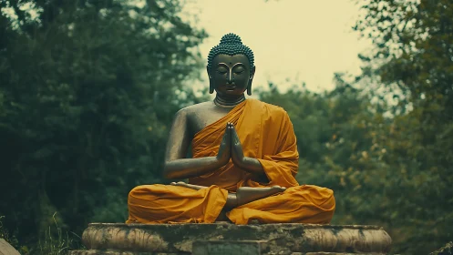 Buddha statue in orange robe sits meditating outdoors