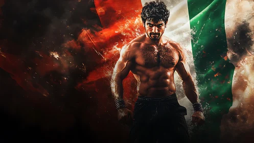 Stormborn fighter ignites before blazing tricolor banner.