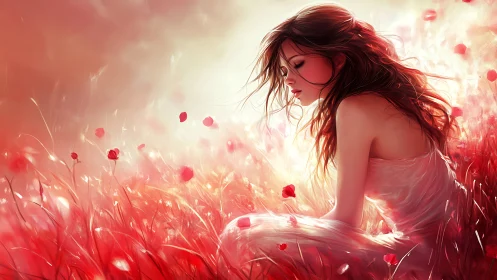 Luminescent field study of contemplative figure in red flora.