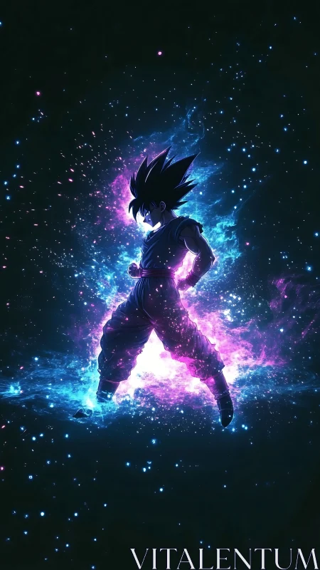 Celestial energy warrior silhouette radiates neon cosmic aura