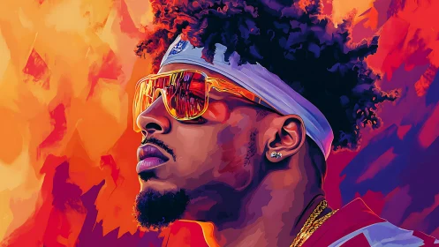 Vibrant digital portrait of man in sunglasses and headband.