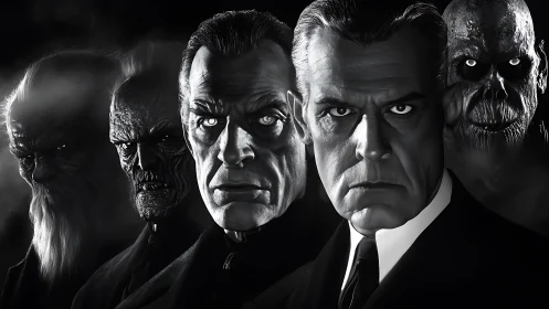 Row of transforming men and monsters in stark grayscale.