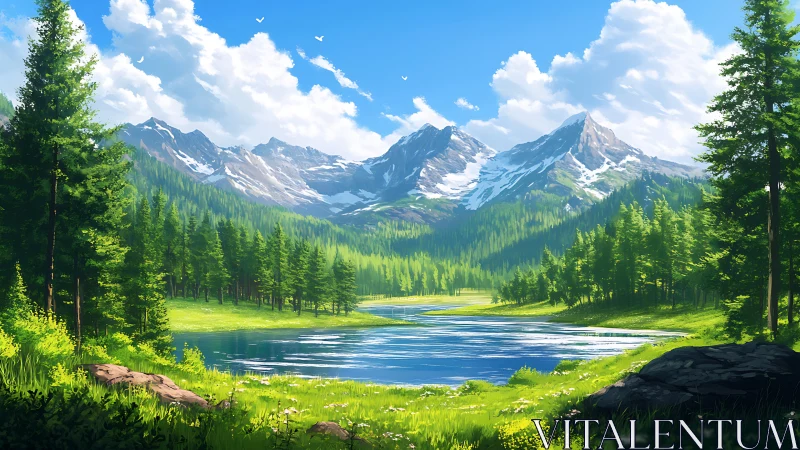 Mountain lake reflects snow peaks and dense evergreen forest