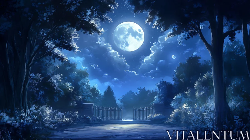 Moonlit garden gate opening onto a softly glowing night.