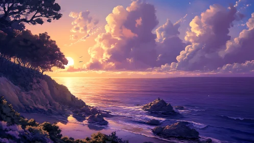 Sunset-tinted cliffs cradle a lavender and gold ocean hush.