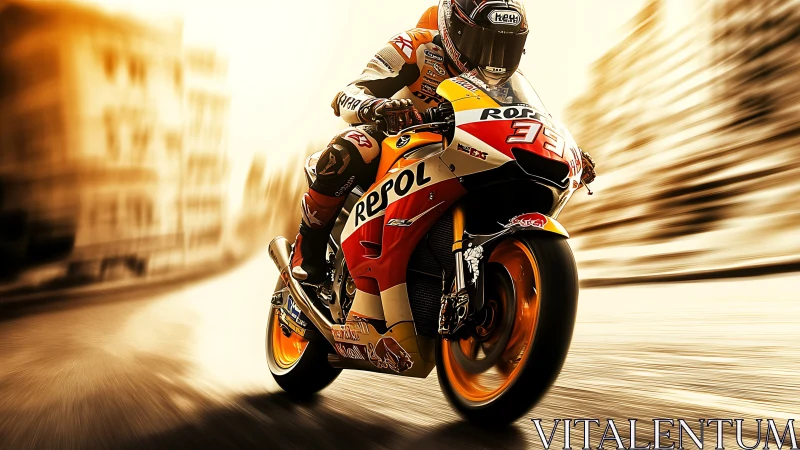 Motorcycle racer leans into urban street curve at speed