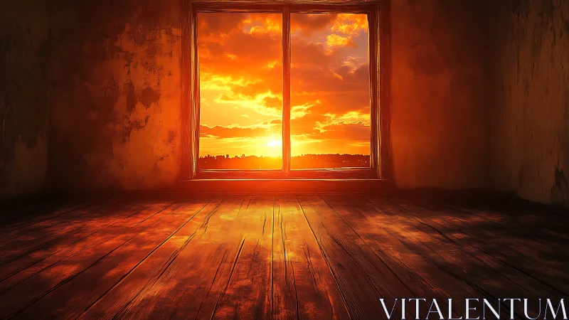 Sun-soaked empty room cradling a fierce molten sunset.