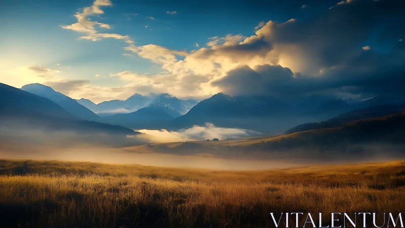 Golden mist over quiet valley and distant snowy peaks.