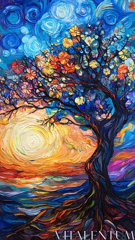 Floral twilight tree under swirling impasto sky at sunset.