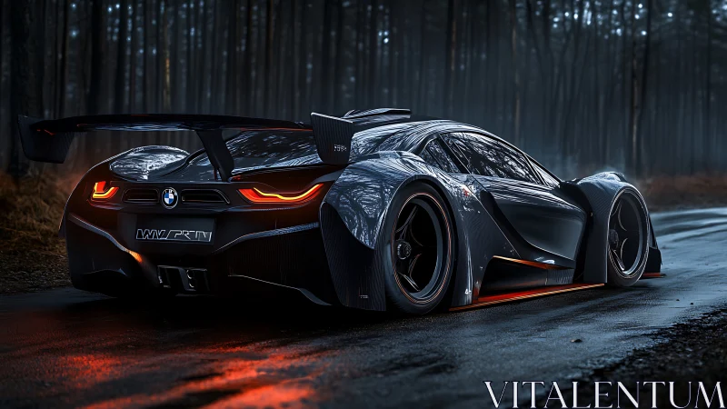 BMW hypercar rendered on wet forest road at dusk.