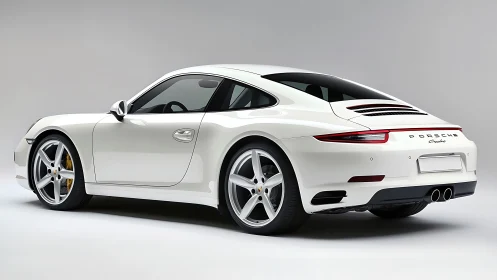 White rear three-quarter view coupe is parked on studio floor