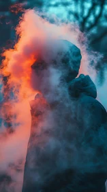 Silhouetted figure stands in neon smoke under cold twilight