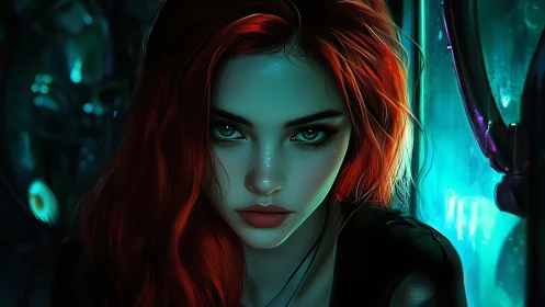 Vivid cyberpunk heroine glowing in teal and ember light.