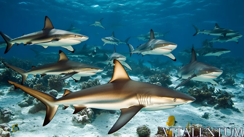 Pelagic reef shark aggregation above benthic coral corridor.