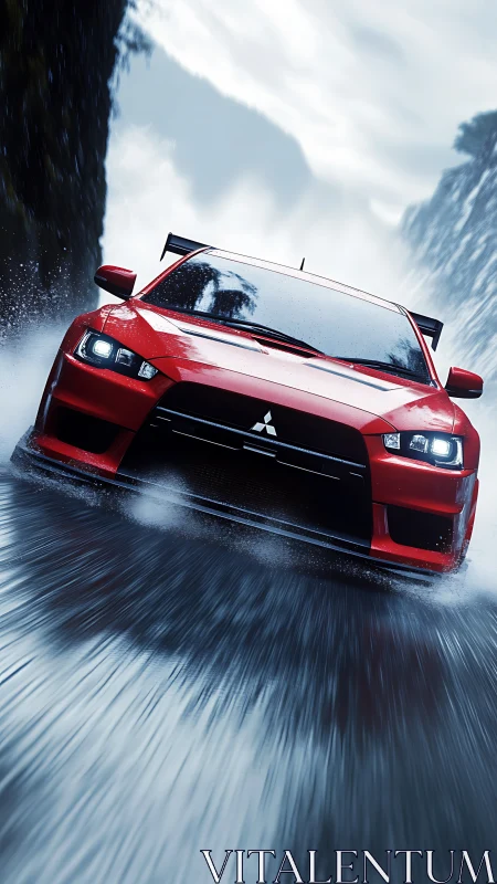 Red Mitsubishi sports car speeding on wet mountain road.