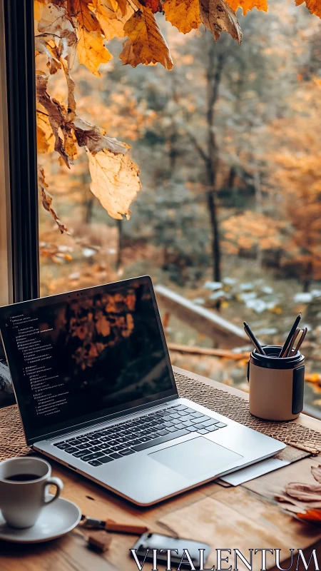 Laptop on wooden desk by window overlooking autumn forest