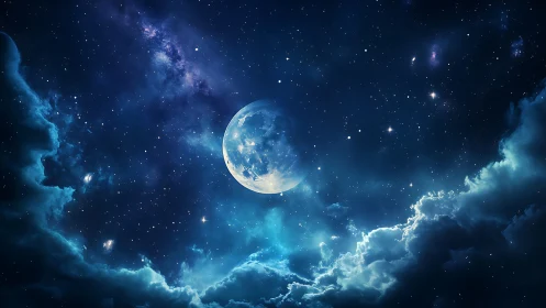 Moonlit nebula glows through swirling cosmic storm clouds.