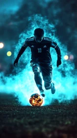Soccer player sprinting with glowing ball on dark field.