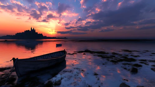 Quiet boat and distant castle resting in violet sunset light.