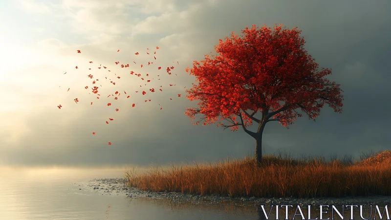 Lone red autumn tree by water in dreamy, atmospheric landscape.