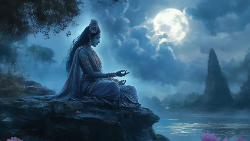 Moonlit goddess meditates beside misted temple river