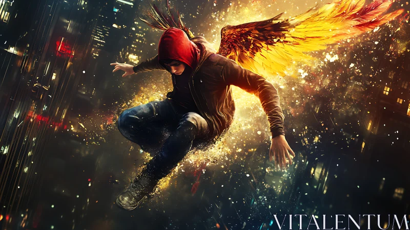 Hooded urban figure descends with flaming avian wings amid sparks