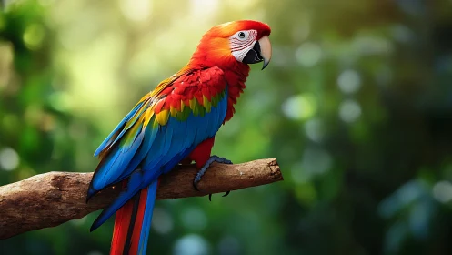 Vibrant Scarlet Macaw on Tree Branch, Nature Photography Style.