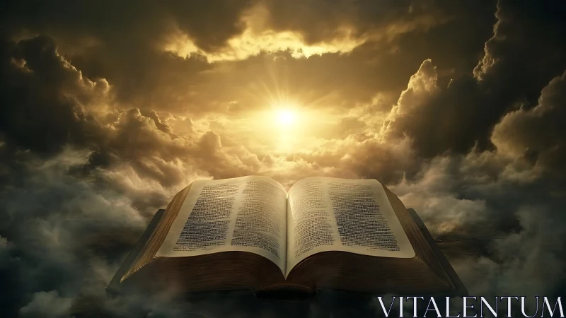 Sunlit scripture opens like a gateway in stormy heavens.
