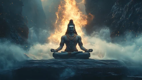 Meditating deity sits in blazing mist, uniting fire and calm