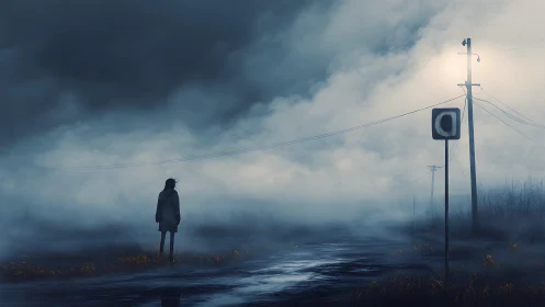 Fog-drenched road contemplates a lone wanderer and quiet wires