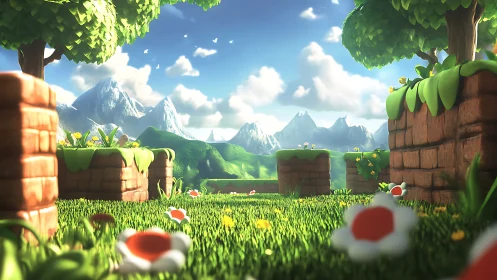 Stylized 3D grassy landscape with brick platforms and trees.