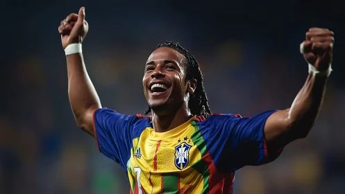 Jubilant soccer star celebrates late goal under stadium lights.