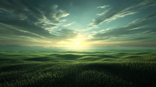 Sunrise over rolling green grassland under wide sky.