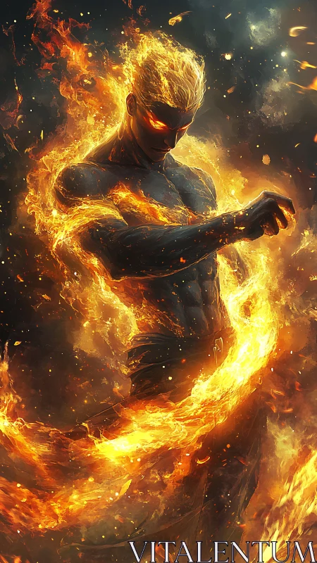 Flaming humanoid figure stands in swirling fire and embers