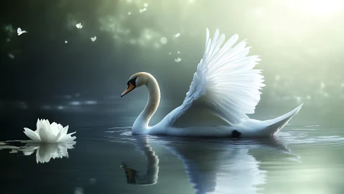 Elegant swan gliding on misty lake with radiant backlight.