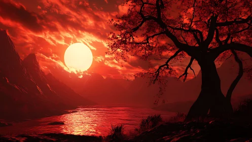 Crimson eclipse over reflective river valley and silhouetted tree
