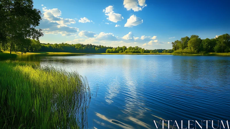 Calm freshwater lake with shoreline reeds under blue sky.