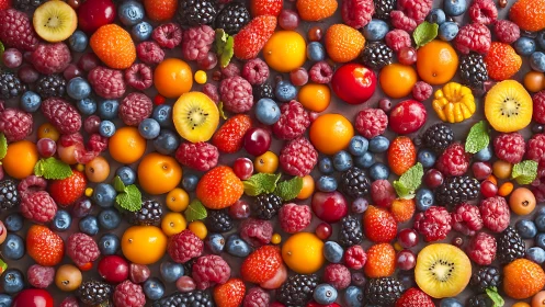 Colorful mixed berries and fruit slices form dense pattern