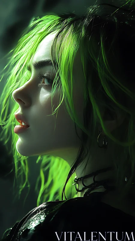 Neon-lit profile portrait captures moody green-haired rebel