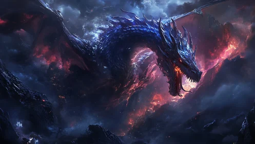 Epic infernal dragon in volcanic stormscape digital painting.