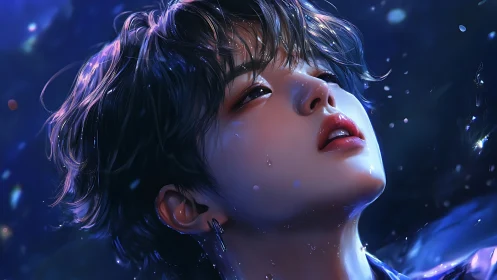 Iridescent portrait of youth in rain with cinematic lighting.