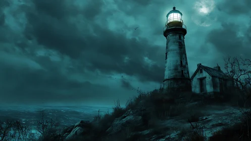 Stormy night lighthouse on rocky coast with eerie glow.