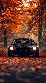 Classic black coupe on autumn forest road at dusk.