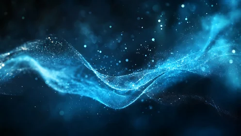 Photorealistic blue particle wave with dynamic depth of field.
