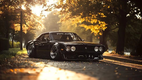 Low stance classic coupe with deep-dish wheels under autumn backlight