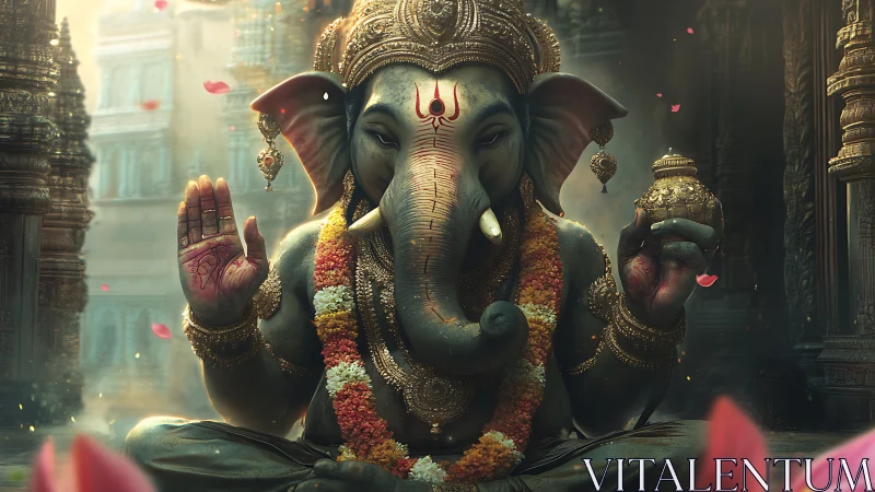 Lord Ganesha digital idol glows in ornate temple light